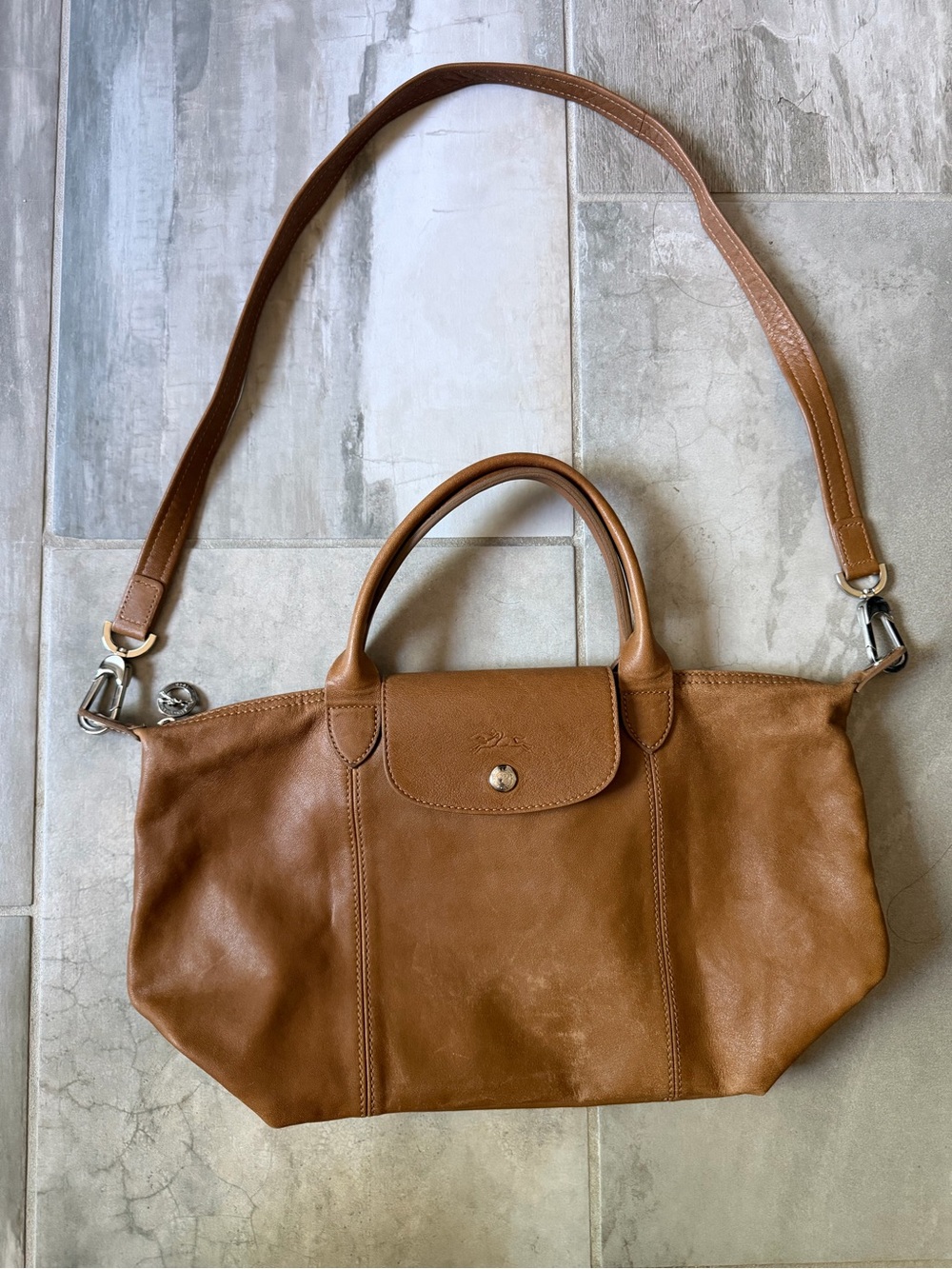 Longchamp le Pliage Cuir Tan Large Shoulder Bag Tote Handbag Leather France Rare